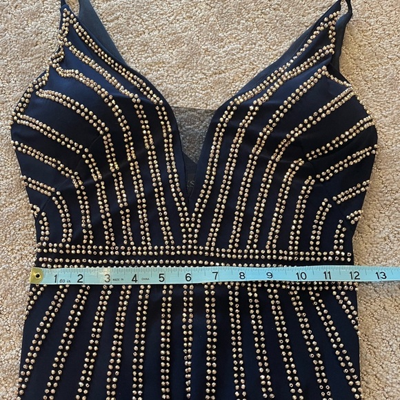 Xscape Beaded Evening Gown, Dark Navy Blue, Deep V, Sheath, Thin Straps, Size 2 - Picture 9 of 16
